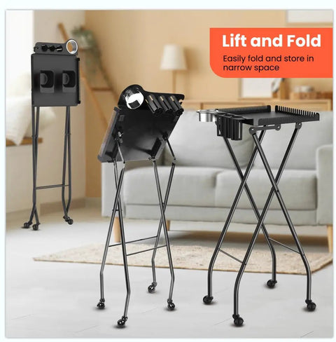 Pro Grade Hair Styling Station Cart With Foldable X Shaped Base Metal Rolling Hair Stylist Trolley in modern black