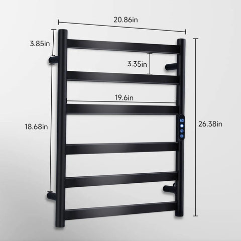 Carbon Fiber Heated Towel Rack With Six Bars, Freestanding And Wall Mount Electric Towel Warmer For Bathroom, dimensions displayed.