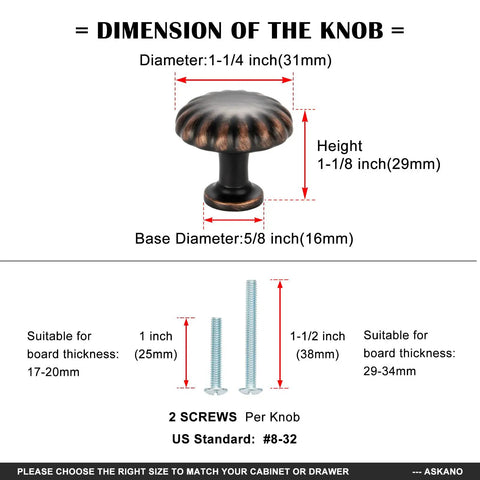 Round Antique Brass Cabinet Knobs 1-1/4 Inch, 10 Pack, Beefy Heavy Duty Metal Hardware With Rust Resistant Finish, Includes Two Screw Sizes 1 Inch And 1-1/2 Inch For Easy Installation On Kitchen And Bathroom Cabinets. Dimensions and screws