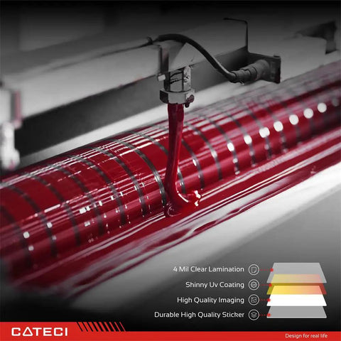 Close-up of red vinyl lamination process showing 4 mil clear layer for Heavy Duty Funny Chemical Spill Kit Vinyl Car Stickers 10 Pack completely waterproof.