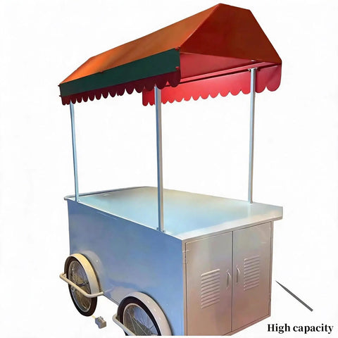 Hustle Made Easy With This Heavy Duty Outdoor Vending Cart, weatherproof canopy, spacious prep counter, and smooth ride wheels.