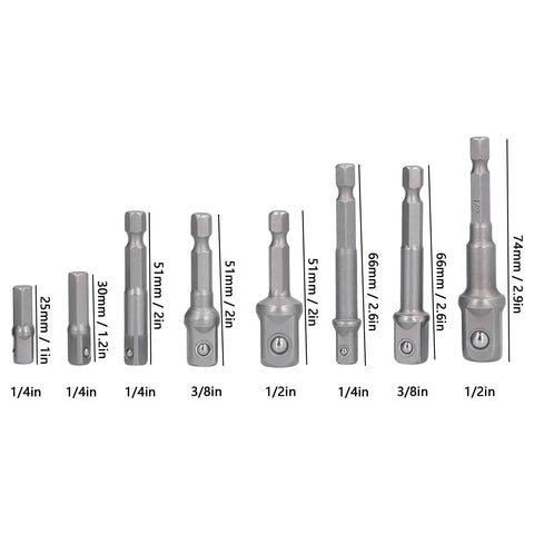 Get Ready For Heavy Duty Jobs With This 11Pcs Socket Adapter Hex Shank Square Head Kit Featuring Chrome Vanadium Steel Self Locking Design To Keep Your Air Screwdriver And Electric Drill Bits Secure No Slipping Or Dropping During Tough Fastening Tasks. 11-piece socket adapter set with 1/4, 3/8, 1/2 in sizes