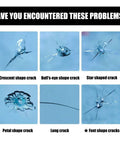 Image showing types of cracks - crescent, bull's-eye, star, petal, long, and font shape on auto glass for Windshield Chip And Crack Repair Kit For Auto Glass And Mirrors, Fast DIY Glass Fix Tool With Repair Fluid To Stop Cracks From Spreading, Great For Cars And Daily Maintenance.