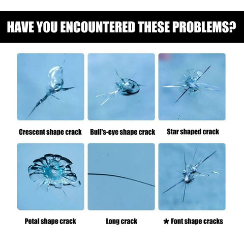 Six car windshield crack types: crescent, bull's-eye, star shaped, petal, long, font. Suitable for Windshield Crack Repair Kit For Cars Small Chips And Cracks Fix DIY Auto Glass Filler Repair Tool Multifunctional Glass Repair Set With Star Shaped Cracks 3 Sets.