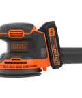 Badass 18V Cordless Orbital Sander With Killer Dust Control And Super Smooth Softgrip Handle For Hassle Free Wood Projects 12,000 Opms in orange and black design.