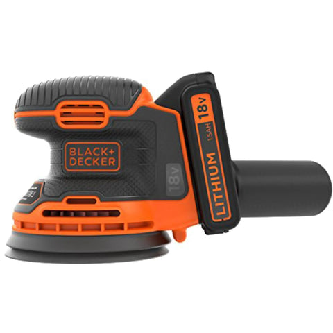 Badass 18V Cordless Orbital Sander With Killer Dust Control And Super Smooth Softgrip Handle For Hassle Free Wood Projects 12,000 Opms in orange and black design.