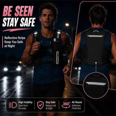 Man running at night wearing reflective Lightweight Running Hydration Vest For Men And Women With 6 Plus Pockets And Front Bottle Holders Secure Zippered Pockets For Phone Keys And Tissue Breathable Slim Fit Pink Hydration Pack For Daily Runs And Outdoors