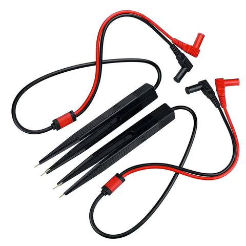 Pro Grade Test Lead Tweezer Set For Multimeter Two Pack 1000V 20A Probes With SMD Tweezers Clips, shown with black and red cables.