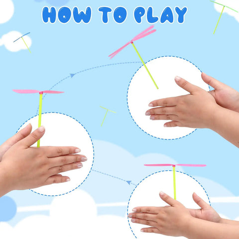 Hands demonstrating use of Transparent Color Hand Helicopter Set For Outdoor Fun 100 Pieces With 50 Propellers And 50 Rods
