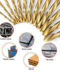 Left Hand Drill Bit Set 13 Pc For Metal Wood Plastic HSS M2 Titanium Nitride Coated 135 Degree Split Point Reverse Drills SAE 1/16 To 1/4 Includes Easy Index Case Long Lasting Bits For Boss Level Drilling arranged with usage indications.