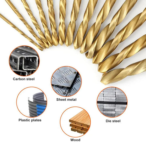 Left Hand Drill Bit Set 13 Pc For Metal Wood Plastic HSS M2 Titanium Nitride Coated 135 Degree Split Point Reverse Drills SAE 1/16 To 1/4 Includes Easy Index Case Long Lasting Bits For Boss Level Drilling arranged with usage indications.