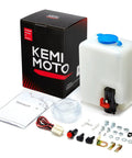 Universal 12V Windshield Washer Pump Kit With Fluid Reservoir Bottle Jet Nozzle Switch For Cars UTVs ATVs Boats And Motorized Gear Easy Install And Flexible Fit For Most Vehicles Perfect For Replacing Leaky Tanks And Worn Pumps, showing components including a reservoir bottle, nozzle, switch, and wiring.