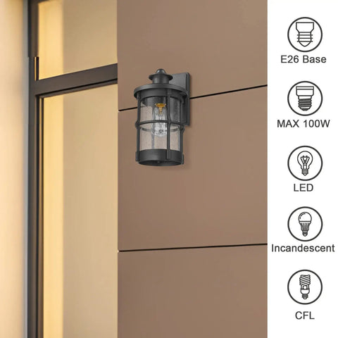 Outdoor Wall Sconce Lighting Fixture Finished In Black With Seeded Glass Set Of 2 for Exterior Walls, mounted on brick.