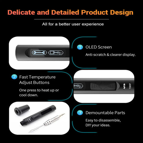 Close-up of TS80P Soldering Iron Pro Mini Portable Digital Welding Tool Kit OLED screen, buttons, detachable parts