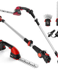 2-In-1 Cordless Pole Hedge Trimmer and Grass Shear with extension pole, 20V power, battery, charger, and blades displayed