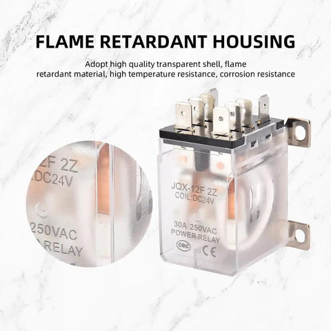 Beefy 24V DC Power Relay, 30A DPDT 2NO 2NC, 8 Pin, showing flame retardant housing and connectors.