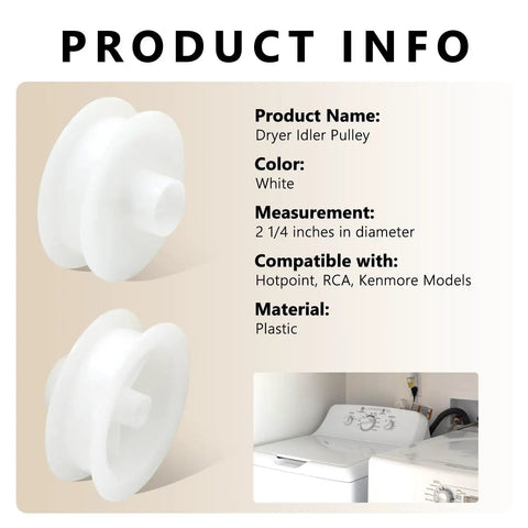 Replacement Dryer Idler Pulley For Washing Machines WE03X31620 WE12X20395 Durable High Torque Belt Tensioner Easy Install OEM Compatible Part Keeps Your Dryer Spinning Smoothly. White plastic 2 1/4-inch dryer idler pulley for Hotpoint washers