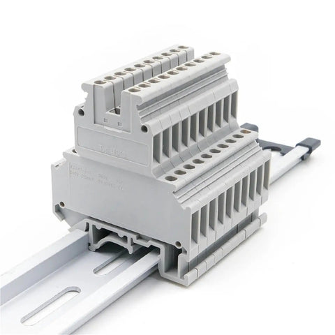 DIN Rail Terminal Block 10 Pack Double Deck Screw Clamp With Adjustable Pressure Spring Loaded Brass Contacts For 24 To 12 AWG Wire Pro Grade Industrial Electrical Terminal Kit on NS 35/7.5 DIN rail