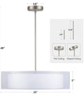Three Light Drum Pendant Chandelier With Double Fabric Shades In Brushed Nickel 20 Inch Hanging Light Fixture dimensions view