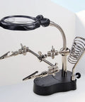 4X LED Magnifier Soldering Station with light, adjustable stand and auxiliary clips on a stable black base for DIY projects