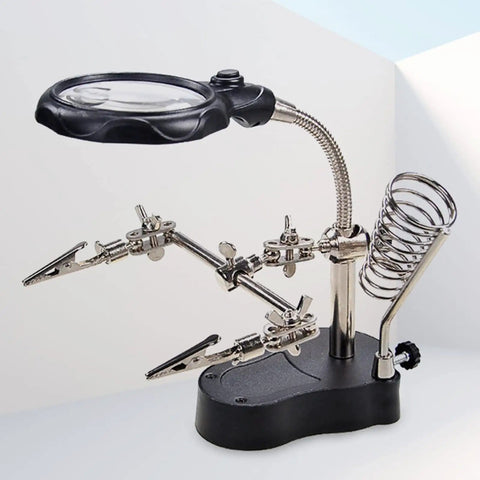 4X LED Magnifier Soldering Station with light, adjustable stand and auxiliary clips on a stable black base for DIY projects