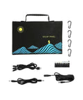 Tailgate Ready 120W Foldable Solar Panel Bag With USB And DC Ports For Camping Trails RV Adventures And Emergency Backups. Solar panel bag with cables.