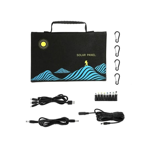 Tailgate Ready 120W Foldable Solar Panel Bag With USB And DC Ports For Camping Trails RV Adventures And Emergency Backups. Solar panel bag with cables.