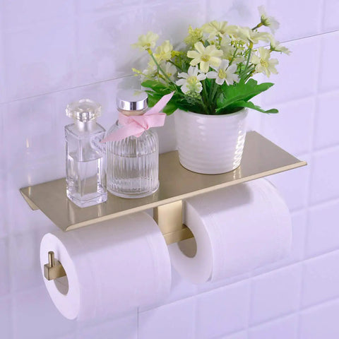 Dual Roll Toilet Paper Holder With Phone Shelf In 304 Stainless Steel Rust Proof Brushed Gold Finish Dope Modern Luxury Look Two Roll Capacity And Handy Phone Storage Wall Mounted Bathroom Dispenser Easy Install with decorative items on top shelf