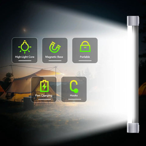 Magnetic LED Tube Work Light With 6000 Lumens And 10400mAh Battery illuminating a campsite, highlighting key features.