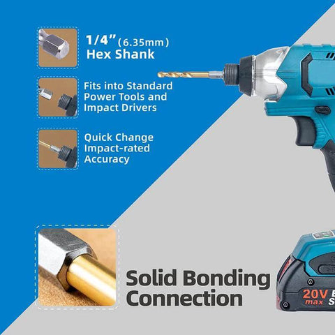 Highfire 22-piece hex-shank drill bit set for impact drivers; titanium-coated HSS bits for metal with quick-change hex drive