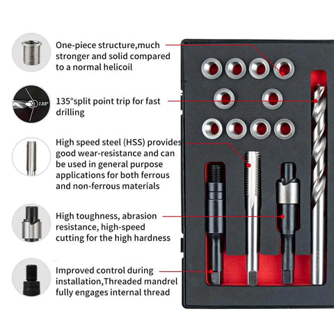 Beefy Heavy Duty Three Eighths By Sixteen SAE Thread Repair Kit with stainless steel inserts, HSS drill, tap, counterbore, driver.