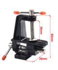 Handy Space Saving Mini Bench Vise With Cast Aluminum Body And Steel Screw, lightweight and portable, shown with 36mm jaw opening
