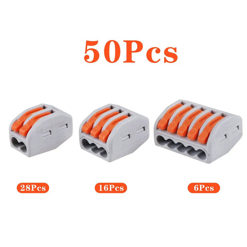 50 Piece Lever Wire Connectors Nuts Kit For 28-12 AWG Quick Disconnect Splicing With Insulated Terminals, 3 sizes shown