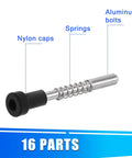 Rock Solid Window Screen Plunger Latches With Caps And Springs 16 Piece Professional Upgrade Kit showing a detailed aluminum bolt and nylon cap.
