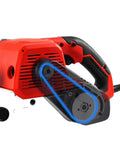Close-up view of Portable Mini Belt Sander For Woodworking Home Use All Copper Motor High Speed Flat Grinder showing belt drive.