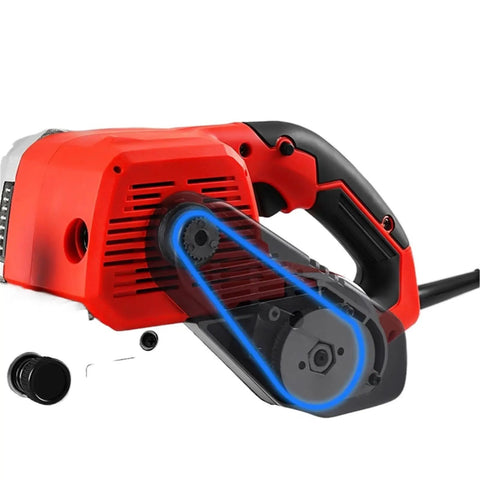 Close-up view of Portable Mini Belt Sander For Woodworking Home Use All Copper Motor High Speed Flat Grinder showing belt drive.