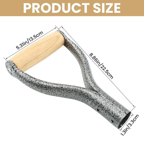D Grip Shovel Replacement Handle With Wooden Grip For Garden Digging And Raking Tools Heavy Duty Iron And Wood Build 3.1 Cm Inner Diameter Silver Finish Back Saver Ergonomic Upgrade displayed with dimensions