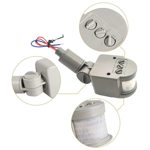 Close-up of PIR Motion Detector Outdoor Sensor Switch For LED Lights, Auto Dusk To Dawn, Waterproof Smart Switch, Passive Infrared Human Body Sensor, AC110-220V, Durable Outdoor Light Controller for yard and garden.