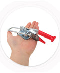 Hand holding Rubber T Handle Hasp Lock For Toolboxes And Car Hoods With Flexible Draw Latch, red color, metal parts visible