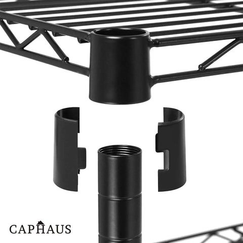 Three To Five Tier Adjustable Height Wire Shelving Unit With Heavy Duty Steel Frame And 250 Lb Per Shelf Capacity For Garage Organizer Pantry Kitchen Utility Storage Black close-up of shelf connector