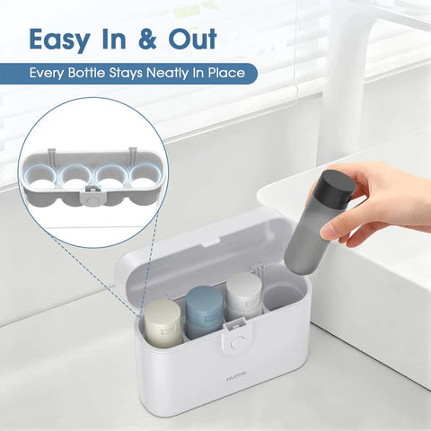 Travel Bottle Set With Case Four 2oz TSA Approved Containers Leak Proof Design Press To Unlock shown with hand holding bottle.