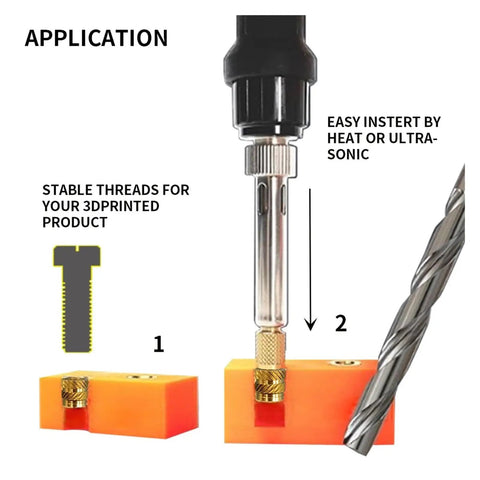 Application of Ultimate Brass Heat Set Inserts M2 To M6 Spiral Nuts for 3D Printing, showcasing easy insertion by heat.