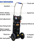 Rock Solid 1200W Electric Stair Climber Hand Truck With Folding Frame For Heavy Dumps And Straight Curved Steps features touch switch, battery display, and handrail adjustment.