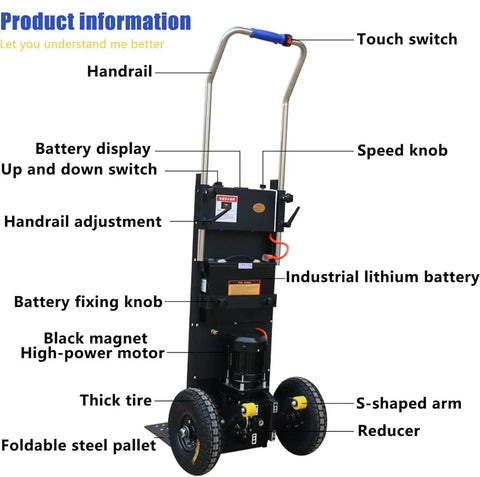 Rock Solid 1200W Electric Stair Climber Hand Truck With Folding Frame For Heavy Dumps And Straight Curved Steps features touch switch, battery display, and handrail adjustment.