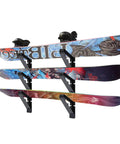 Heavy Duty Premium Adjustable Snowboard And Skateboard Wall Mount Rack For Garage Storage Space Saving Display with three snowboards.