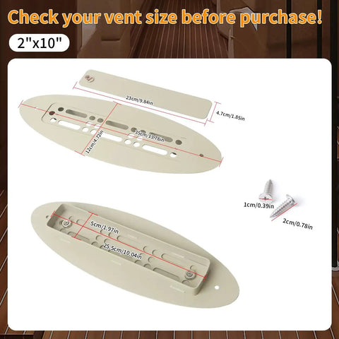 2x10 Inch Aluminum RV Floor Vent Cover With Magnet Assisted Removable Lid shown with dimensions and screws