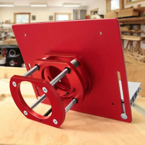Heavy Duty Router Lift Kit And Flip Plate Insert With Smooth Height Tuning For 65 mm Motor Bodies, featuring red aluminum construction.