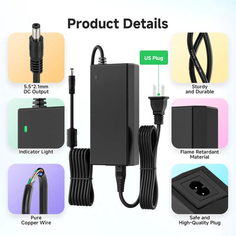 Universal 100-240V AC to 12V DC Power Supply Adapter 102W 8.5A, ETL Listed, with 5.5x2.1mm barrel plug and US power plug details.
