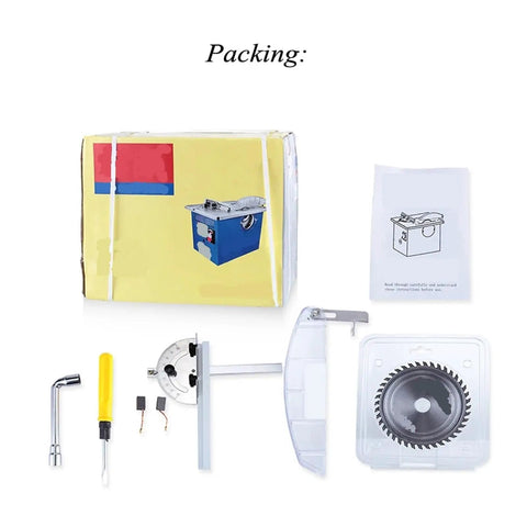 Dustless Saw Table 1100W Mini Table Saw Cuts Like Butter Multi Functional Woodworking Floor Cutter 150Mm Blade packaging and parts layout.