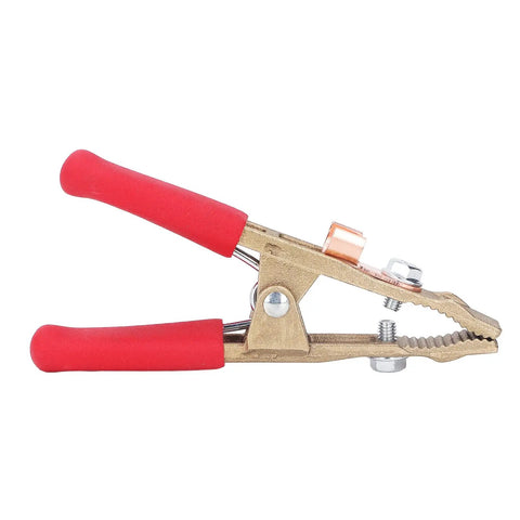 Heavy Duty Earth Ground Wire Clamp 40mm Opening For Robust Electric Welding Jobs Featuring High Current Rating Up To 260A With Durable Brass Build And Super Comfortable Sheath Handle Perfect Shipyards Steel Structures, showing red rubber handles and brass clip.